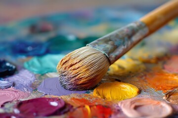 Fototapeta premium Close-Up Paintbrush with Vibrant Circular Palette 