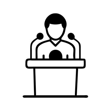 recommend clip art: Public speaker icon at podium with microphones in black outline