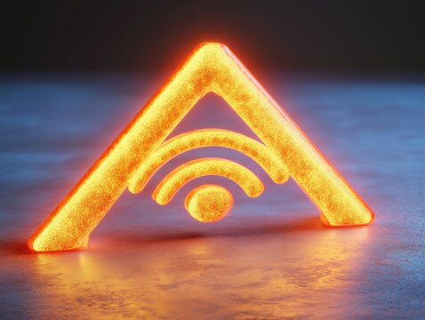 glowing bright orange wifi signal icon integrated within an angular shape on a reflective surface with dark background