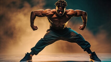 A muscular Black man strikes a powerful pose, showcasing his physique against a smoky, dramatic background. The warm and cool tones create a visually striking image.