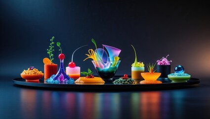 Vibrant and colorful gourmet food presentation. An array of small dishes showcasing artistic culinary creations with various textures and colors.
