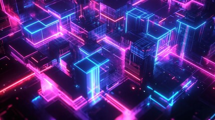 Futuristic abstract cityscape with glowing neon blue and pink light outlines on geometric building shapes creating a high-tech digital atmosphere