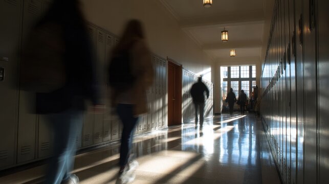 Sunlit University Hallway with Students Walking Past Lockers in Motion Blur