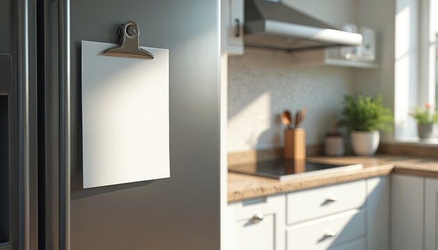 Modern fridge with white paper mockup, clip. Clean kitchen interior design, home decor. Advertisement, notes, menu, message, list, information, concept. Copy space, template, product presentation,