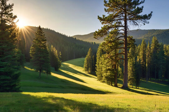 Majestic sunrise over rolling green hills and pine trees