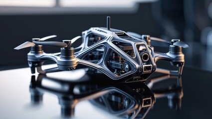 Sleek, metallic drone with intricate design details, showcasing advanced technology. Perfect for capturing stunning aerial shots.