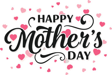 Happy Mother's Day typography vector with handwritten calligraphy and pink hearts – Elegant lettering design isolated on transparent background