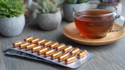 Benefits of guggul. A cup of tea with vitamin capsules arranged beside it on a wooden surface.