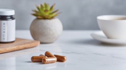 Benefits of guggul. Natural supplements beside a plant and a cup of tea on a modern countertop.