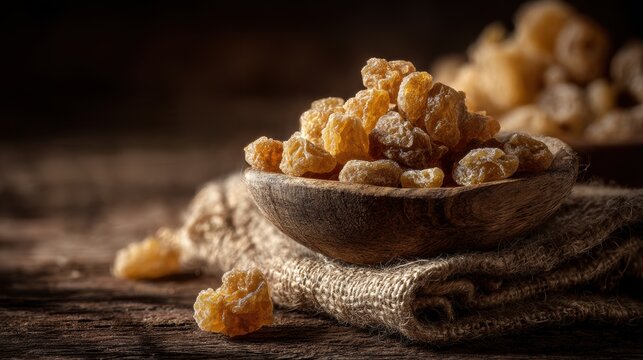 Benefits of guggul. Bowl of resin pieces on textured fabric, showcasing earthy tones and natural textures.