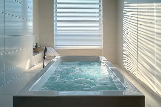 Modern white bathroom with rectangular bathtub filled with water and bubbles illuminated by natural light through window blinds