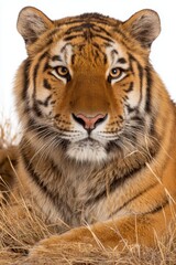 Fototapeta premium Close Up Portrait of a Majestic Tiger in Tall Grass Against White Background