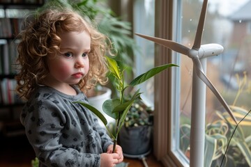 A young child holding a green plant looks thoughtfully out a window at a model wind turbine indoors.