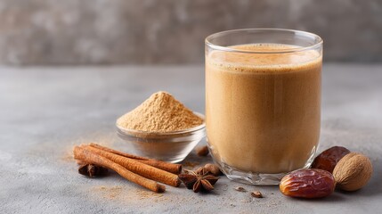 Benefits of guggul. Creamy beverage with spices, surrounding ingredients in a rustic setting.