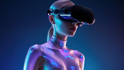 Young woman in a silver bodysuit immersed in a virtual reality experience. Neon blue and purple lighting enhances the futuristic mood.