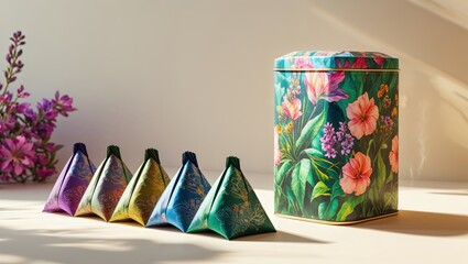 Five uniquely designed tea pouches sit beside a floral-printed tin, bathed in soft sunlight. A vibrant display of colors and textures.