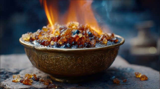 Benefits of guggul. A bowl of resin burning, emitting smoke and vibrant flames in a dark setting.