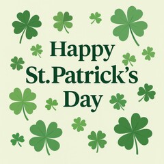 Flat illustration of multiple green shamrocks and bold festive text for St. Patrick's Day, celebrating Irish culture and holiday cheer 