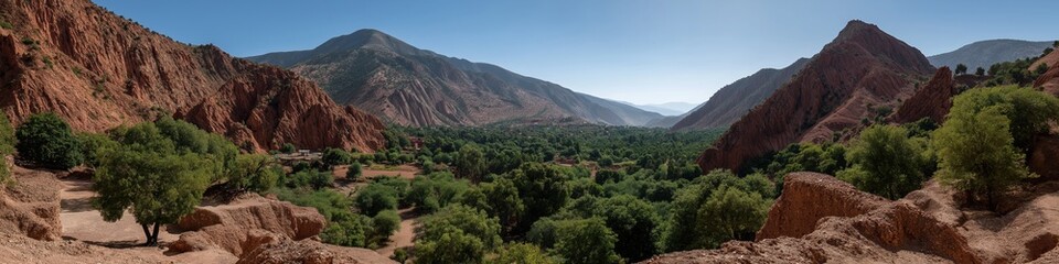 Obraz premium A mountain range with a valley in between. The valley is lush with trees and bushes. The sky is clear and blue