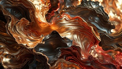 Abstract digital art showcasing swirling metallic textures in rich gold, copper, and dark hues. The flowing forms create a sense of depth and movement.