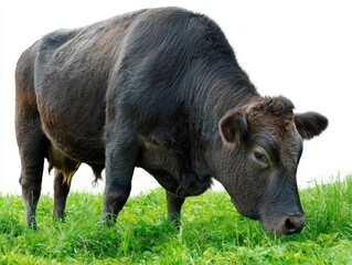 Dark Brown Cow Grazing in Lush Green Pasture Against White Background