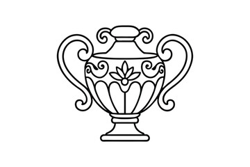 Line art illustration of an ornate Victorian vase with floral engravings.eps