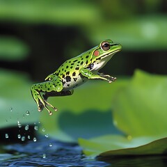 Obraz premium Frog Leaping Across Lilies : Emerald-green body speckled with black spots, launching off a lily pad into mid-air. Dewdrops clinging to leaves enhance the natural setting, 