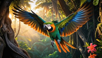 A vibrant green and blue macaw in flight, wings outstretched, soars through a lush, sun-dappled rainforest.  The warm light creates a magical atmosphere.