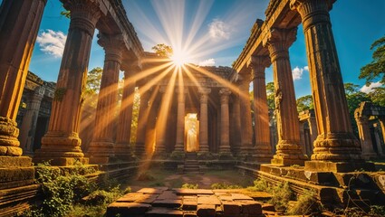 Sunbeams illuminate the ancient stone pillars of this temple ruin, creating a magical, golden atmosphere. The scene evokes a sense of history and serenity.