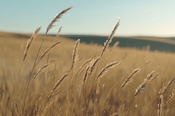 Fototapeta premium Close up of tall grass stalks in a field under a clear sky during daytime light