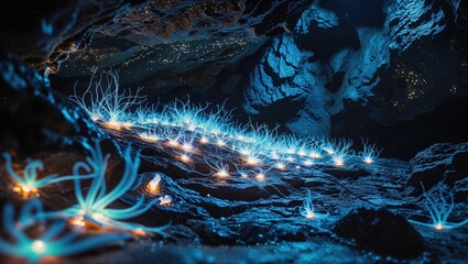 Glowing bioluminescent plants illuminate a dark cave, creating an ethereal, otherworldly scene. The vibrant blue light casts an enchanting glow on the rough cave walls.