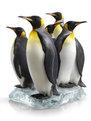 Fototapeta premium Five King Penguins on Iceberg, White Background