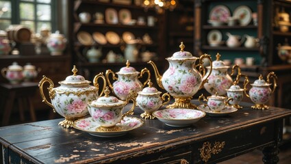 Elegant floral tea set in antique setting. Delicate porcelain with gold accents. Perfect for afternoon tea.