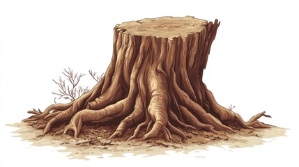 Detailed illustration of a tree stump with prominent roots and textured bark