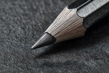 Close focus on black pencil with graphite on dark texture  
