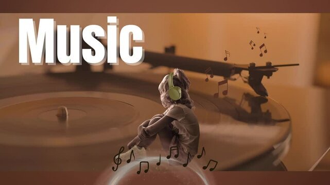 A motion graphic about music features white text, with a spinning vinyl record playing music. There is a girl wearing headphones, and musical notes are animated against a brown background