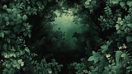 Dense green forest foliage with layered leaves framing a dark mysterious clearing where a silhouette of a deer quietly observes the scene