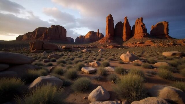 Rocky landscape with unique formations under dramatic lighting at dusk
