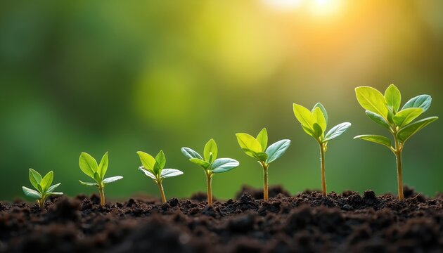 Sprouts growing in row, growth, progress. Stages of development, evolution. Concept of business, finance, investment. Eco, sustainable, green energy, nature, environment friendly. New beginnings,