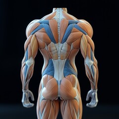 Blue X-Ray outline reveals the rear view of male back muscles anatomy in a full-color 3D computer-generated illustration set against a black background
