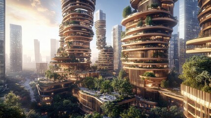 Obraz premium Futuristic eco-friendly skyscrapers with integrated greenery and balconies at sunrise.