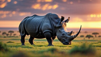 Obraz premium Majestic rhino silhouetted against a vibrant sunset, showcasing the beauty of African wildlife.