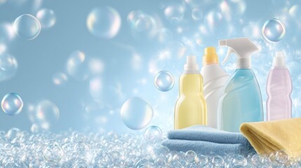 Obraz premium Cleaning supplies, including spray bottles, and microfiber cloths, sit on a bubbly, light blue background