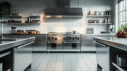 Modern professional stainless steel kitchen with large stove, exhaust hood, tiled walls and floors, shelves with jars and kitchenware, bright natural light