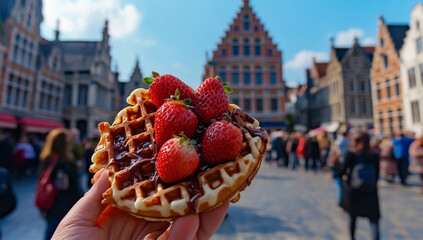 Naklejka premium A hand holding a waffle with chocolate and strawberries in front of the town hall on the Grand Place, in Bruges city, on a sunny day, with people walking around.
