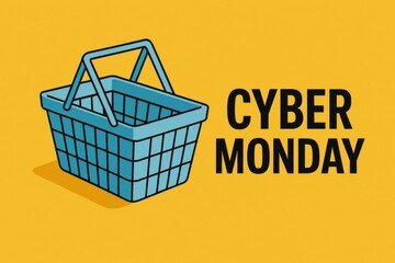 Bright and simple Cyber Monday sale design featuring a blue shopping basket illustration and bold text on a yellow background, ideal for digital marketing 