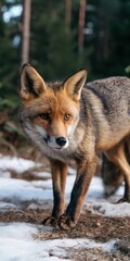 Fototapeta premium Red Fox in Snowy Winter Forest Close Up
