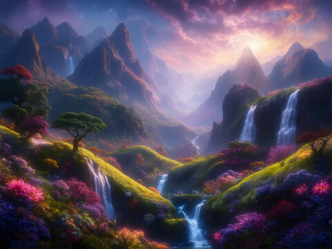 Enchanted Valley Serene Mountain Landscape with Vibrant Flora and Cascading Waterfalls at Sunset