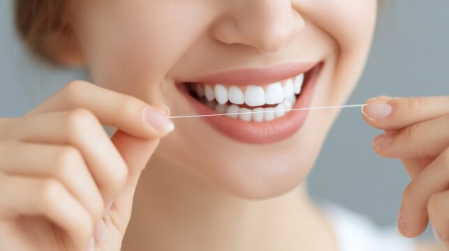 A woman is brushing her teeth with a toothbrush and a piece of dental floss