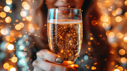 Woman holding a glass of sparkling champagne, surrounded by shimmering bokeh lights, celebrating a special occasion with joy and elegance in a festive atmosphere